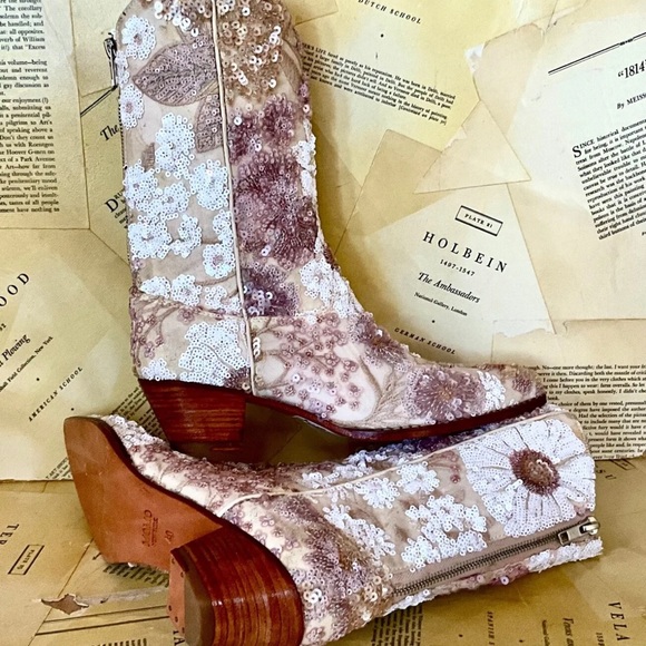 Free People MOMO Selina Embellished Boot Floral Sequin Cream Nude Zip - Picture 7 of 10